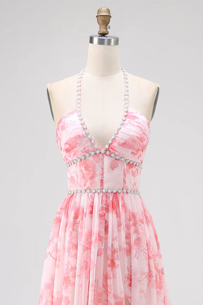 Blush Beaded Halter Printed Floral Slit Long Ruffles Wedding Guest Dress Printed Floral Party Dress