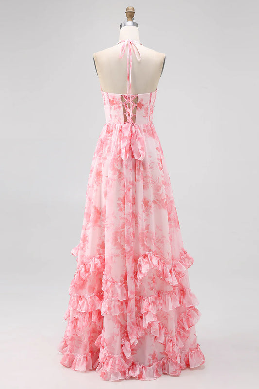 Blush Beaded Halter Printed Floral Slit Long Ruffles Wedding Guest Dress Printed Floral Party Dress