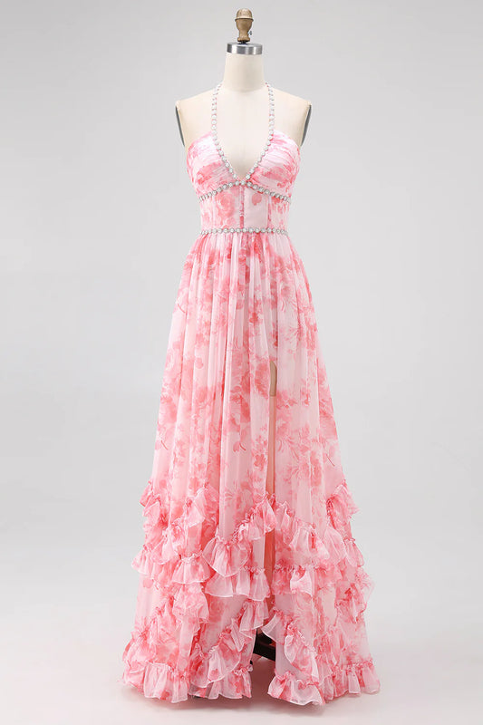 Blush Beaded Halter Printed Floral Slit Long Ruffles Wedding Guest Dress Printed Floral Party Dress