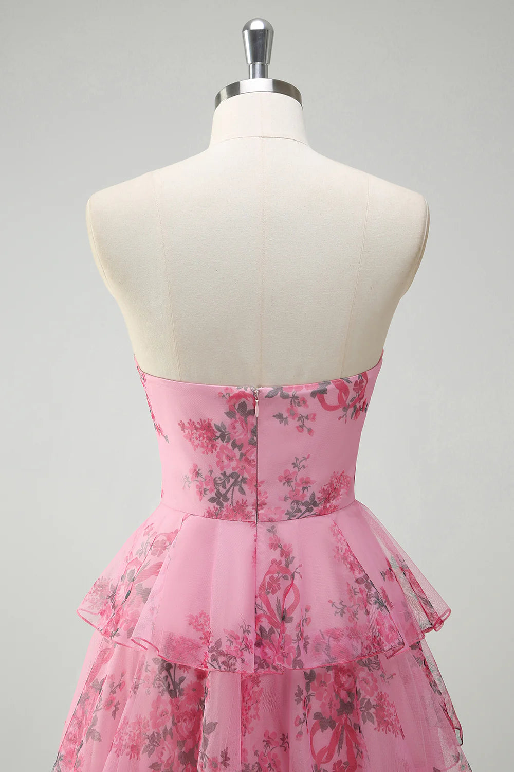 Blush Floral Printed Tiered Princess Sweetheart Neck Floor Length Prom Dress Floral Evening Dress