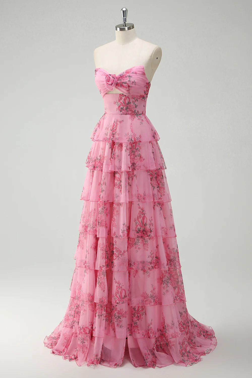 Blush Floral Printed Tiered Princess Sweetheart Neck Floor Length Prom Dress Floral Evening Dress