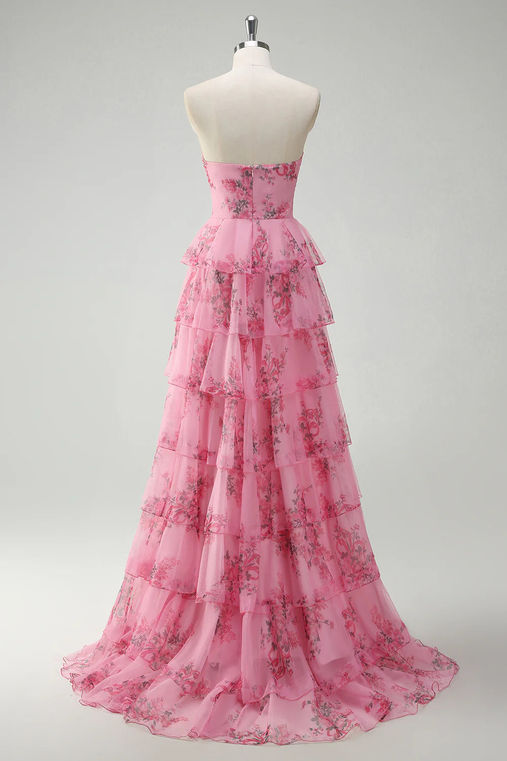 Blush Floral Printed Tiered Princess Sweetheart Neck Floor Length Prom Dress Floral Evening Dress