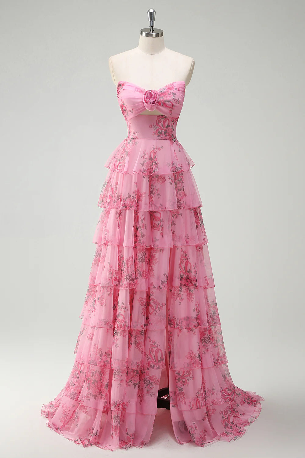 Blush Floral Printed Tiered Princess Sweetheart Neck Floor Length Prom Dress Floral Evening Dress