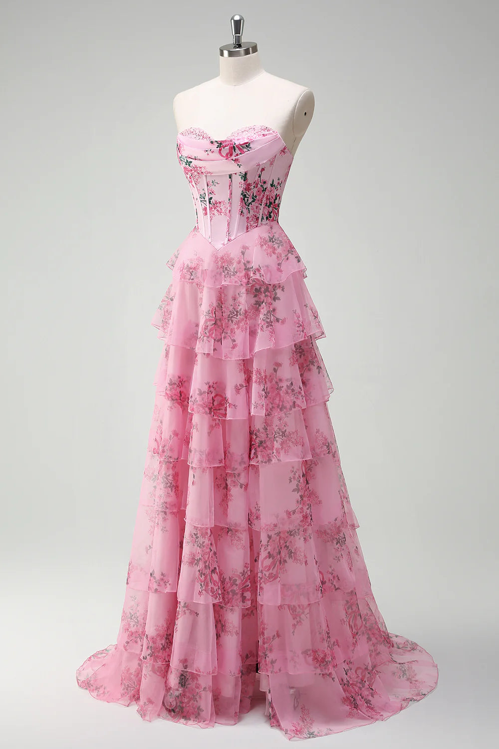 Blush Floral Sleeveless and off shoulder A Line Floor Length Corset Tiered Prom Dress With High Slit