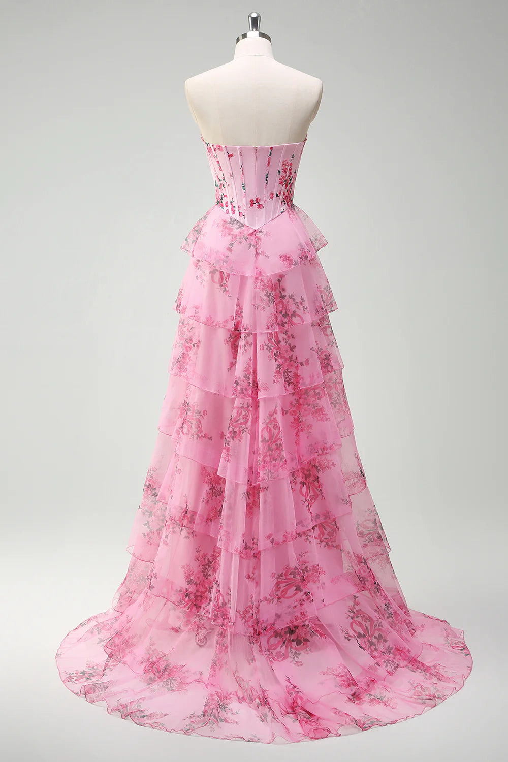 Blush Floral Sleeveless and off shoulder A Line Floor Length Corset Tiered Prom Dress With High Slit
