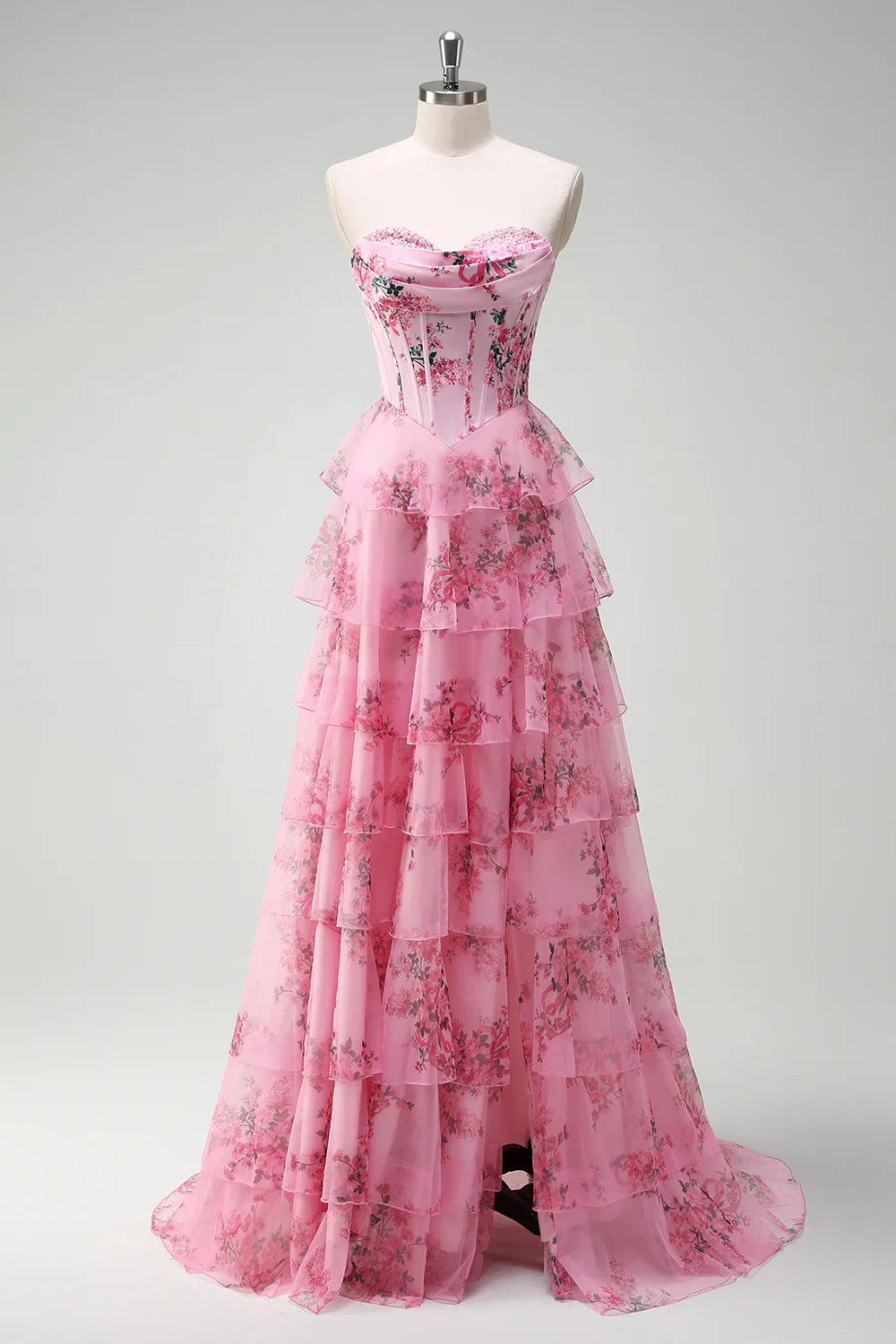 Blush Floral Sleeveless and off shoulder A Line Floor Length Corset Tiered Prom Dress With High Slit