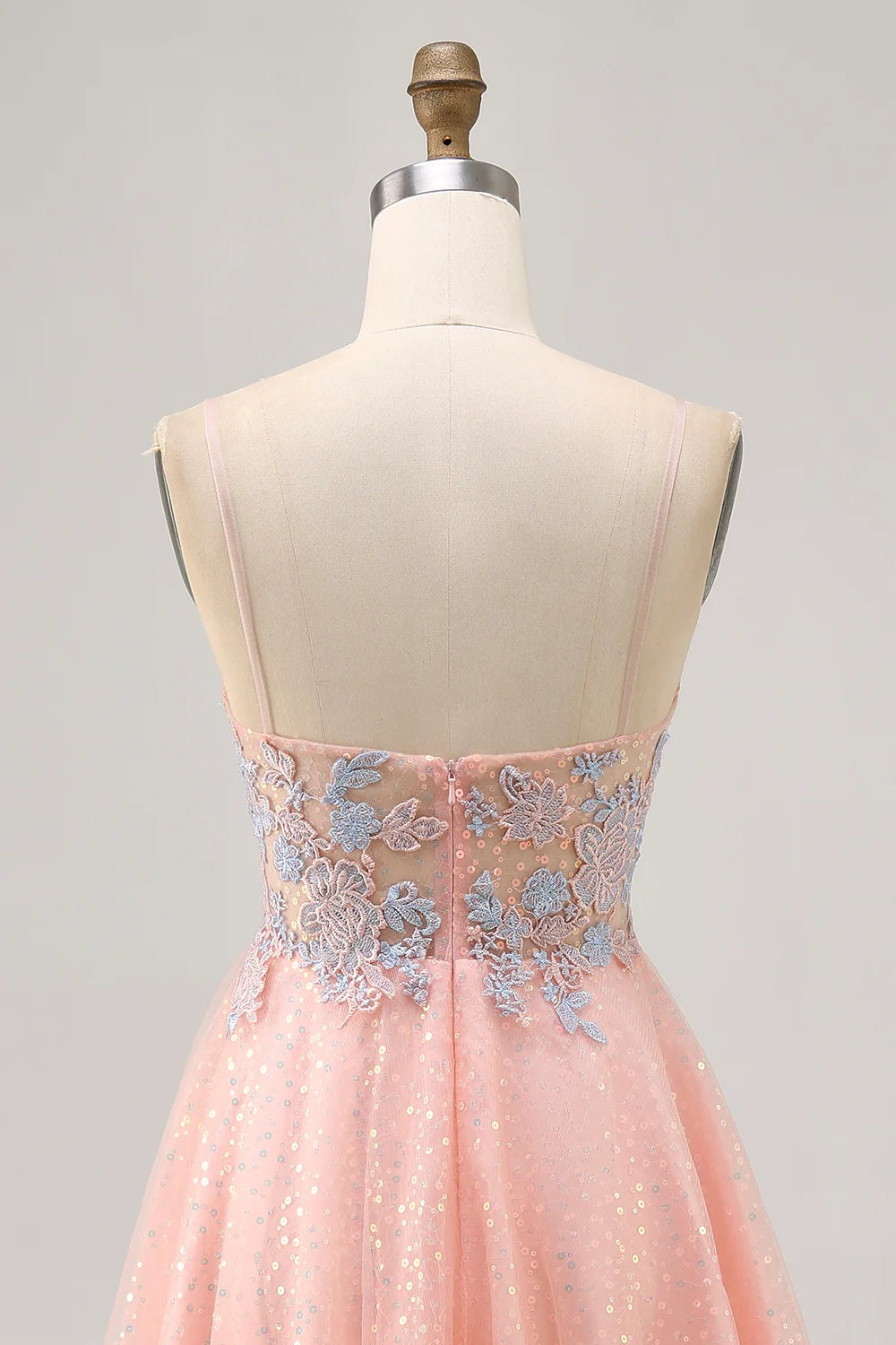 Blush  Sequins Appliques V Neck Spaghetti Straps A-Line Short Homecoming Dress