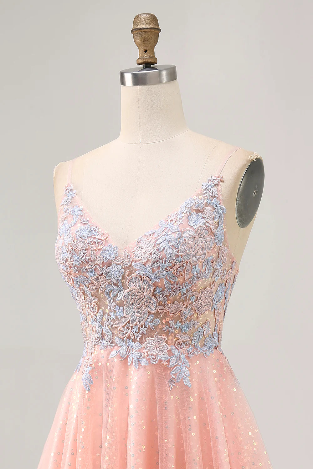 Blush  Sequins Appliques V Neck Spaghetti Straps A-Line Short Homecoming Dress