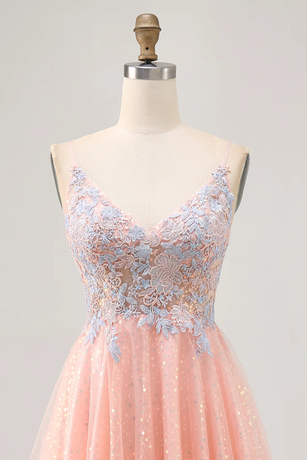 Blush  Sequins Appliques V Neck Spaghetti Straps A-Line Short Homecoming Dress