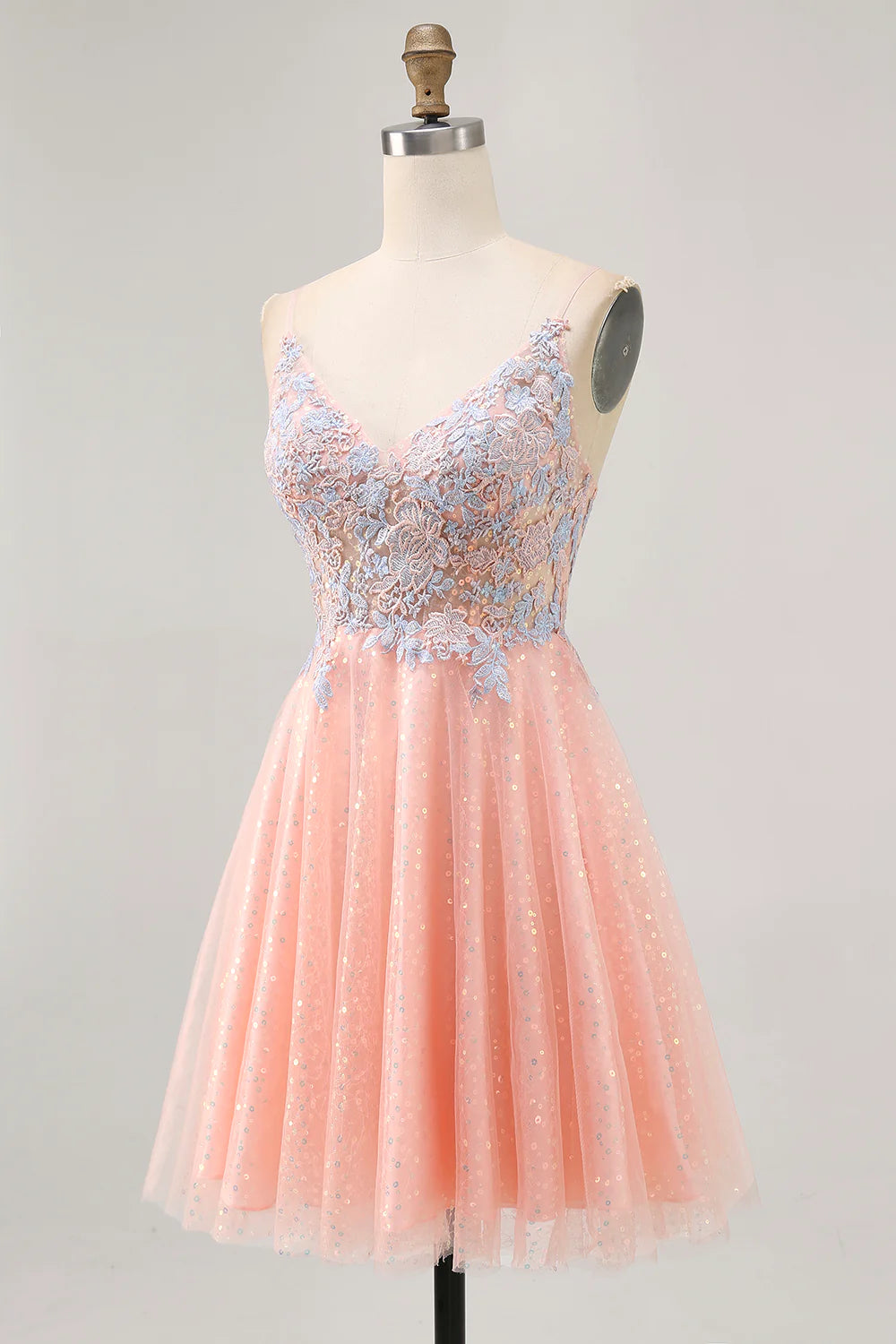Blush  Sequins Appliques V Neck Spaghetti Straps A-Line Short Homecoming Dress