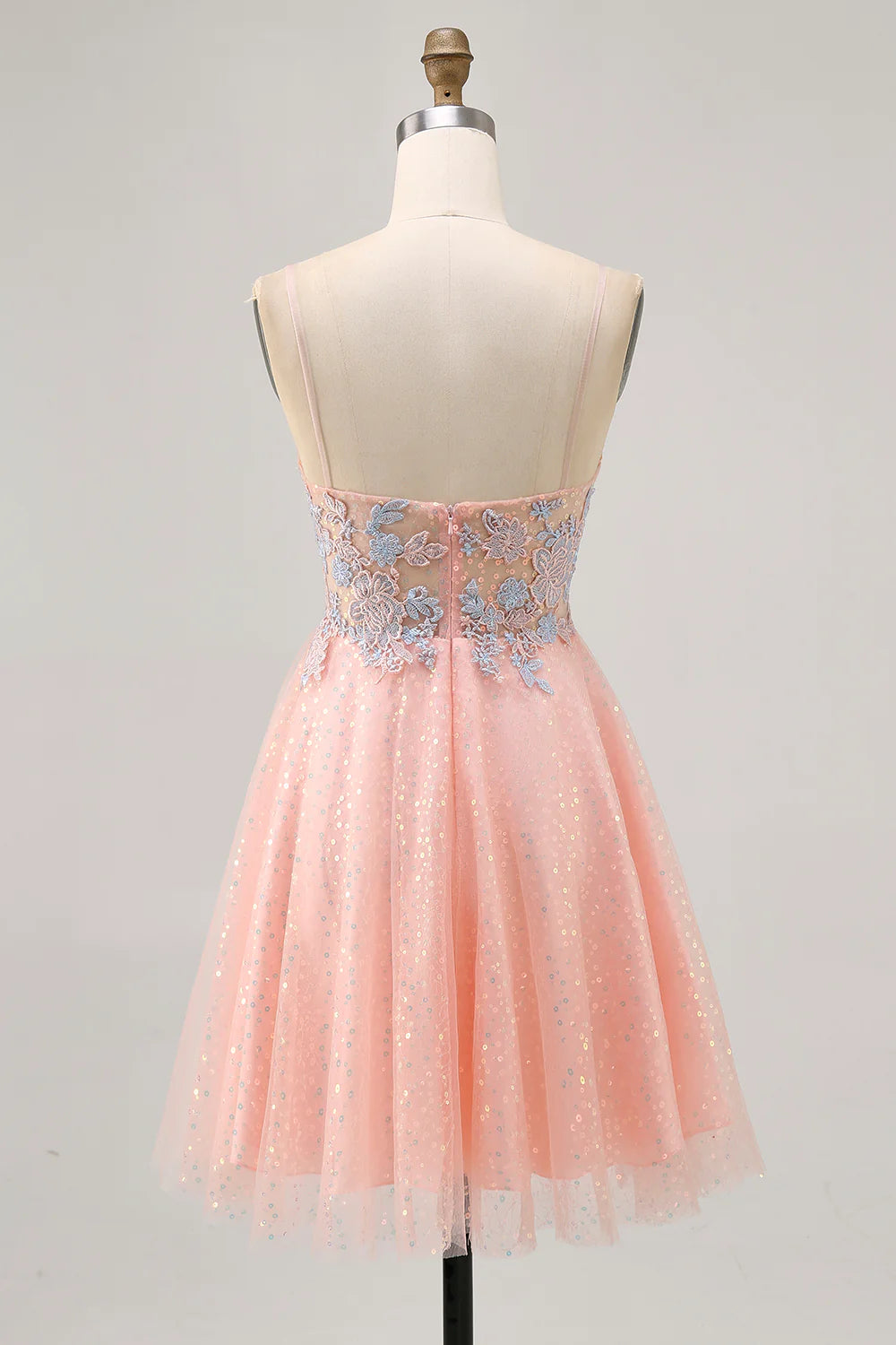 Blush  Sequins Appliques V Neck Spaghetti Straps A-Line Short Homecoming Dress