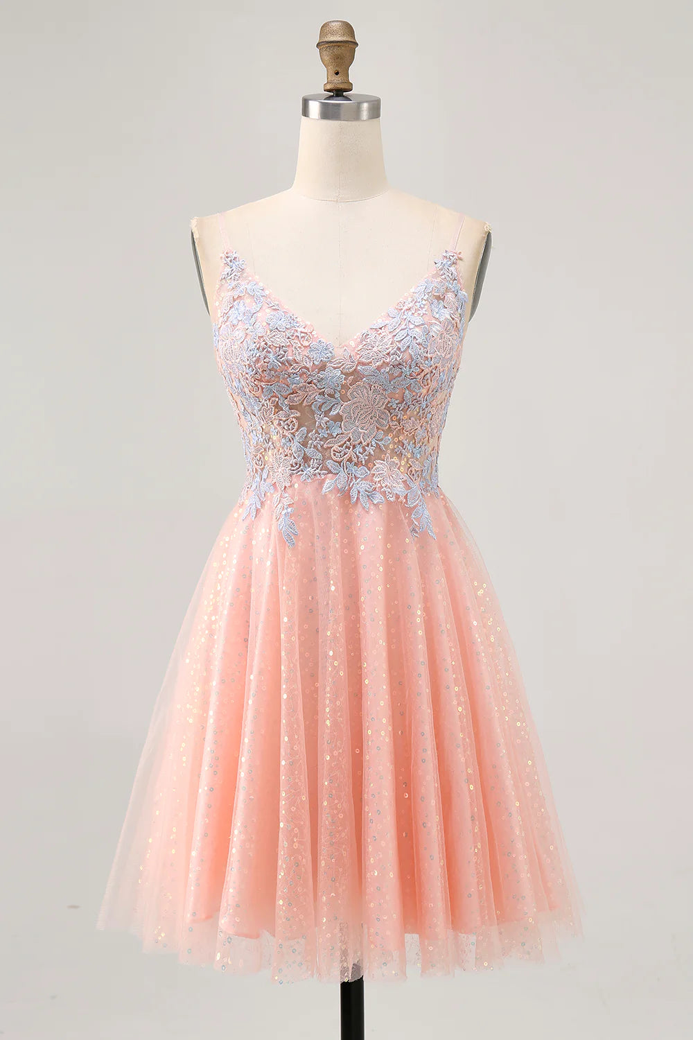 Blush  Sequins Appliques V Neck Spaghetti Straps A-Line Short Homecoming Dress