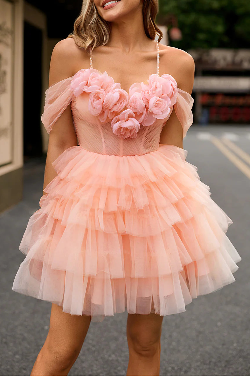 Blush Tulle Tiered Spaghetti Straps A Line Cold Shoulder Short Homecoming Dress With 3D Flowers
