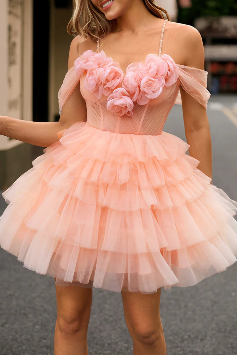 Blush Tulle Tiered Spaghetti Straps A Line Cold Shoulder Short Homecoming Dress With 3D Flowers