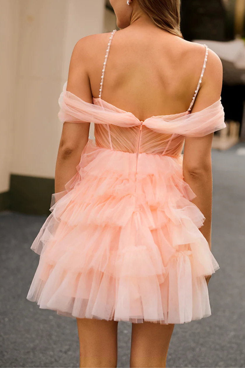 Blush Tulle Tiered Spaghetti Straps A Line Cold Shoulder Short Homecoming Dress With 3D Flowers