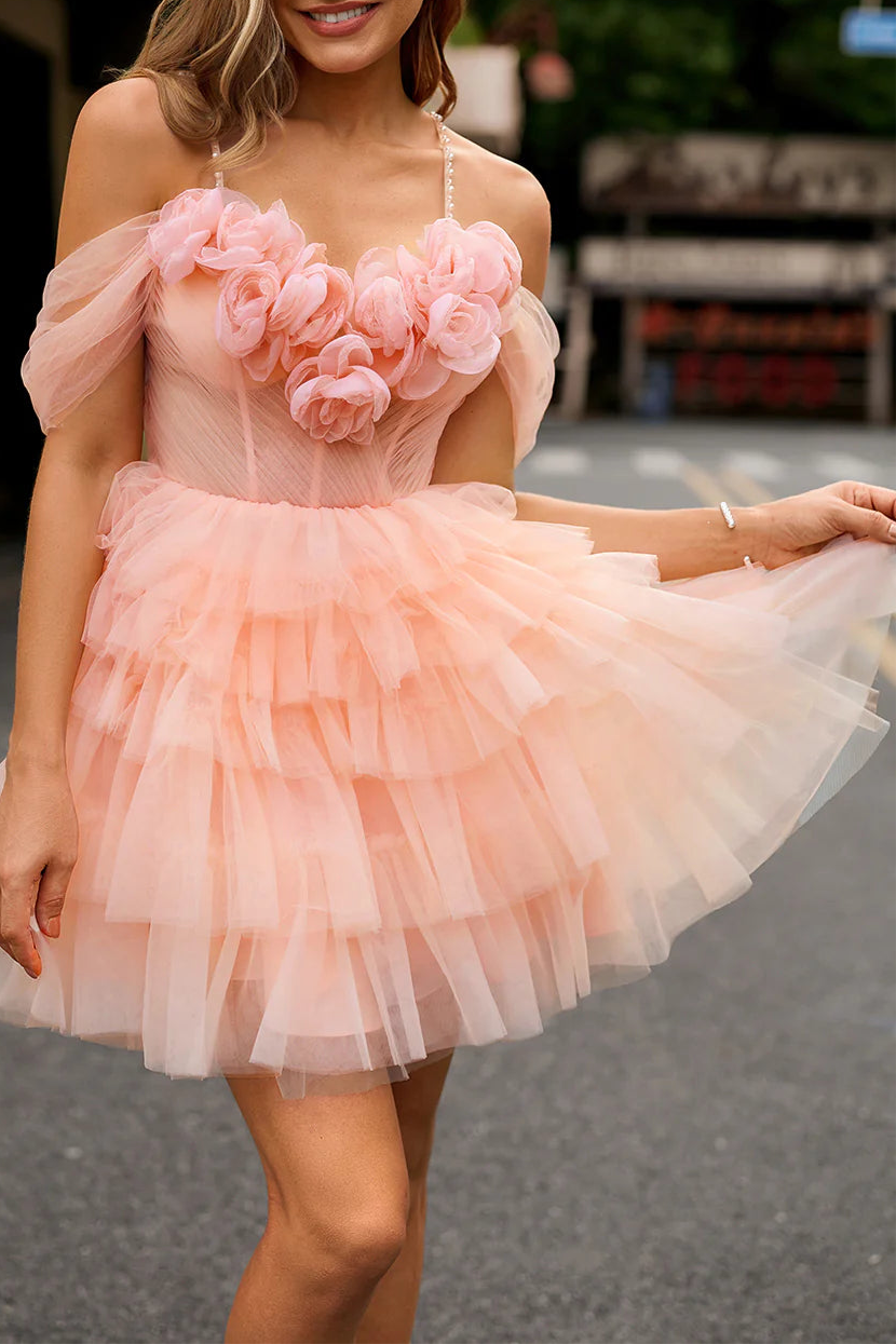 Blush Tulle Tiered Spaghetti Straps A Line Cold Shoulder Short Homecoming Dress With 3D Flowers