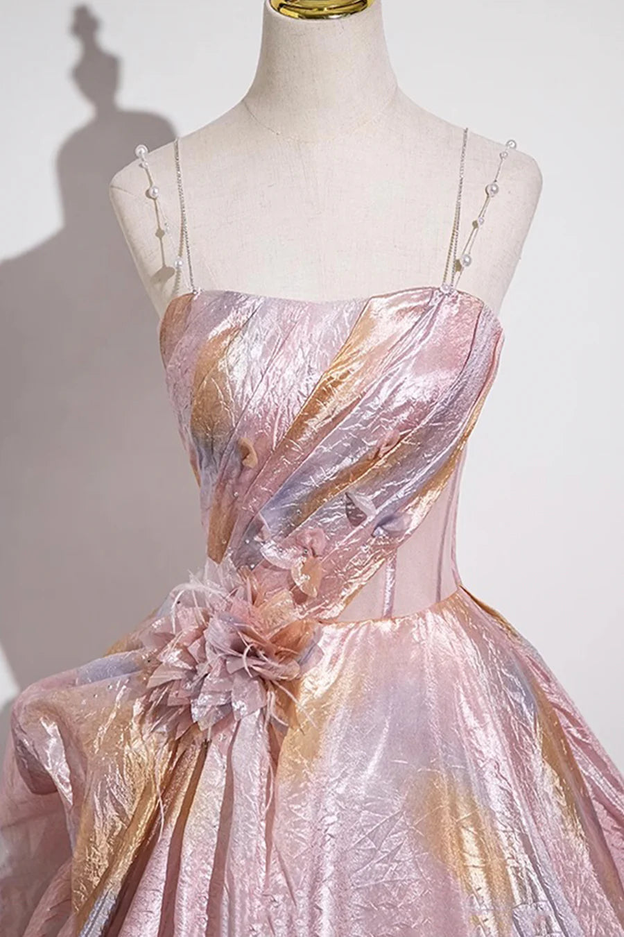 Blushing Pink Printed Pattern Spaghetti Straps A-Line Prom Dress Evening Dress