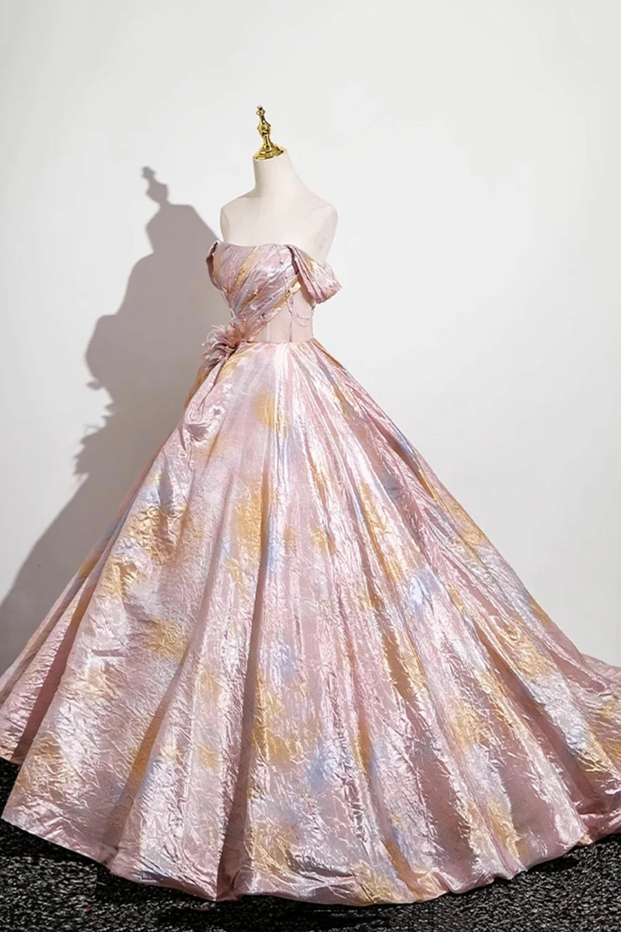 Blushing Pink Printed Pattern Spaghetti Straps A-Line Prom Dress Evening Dress