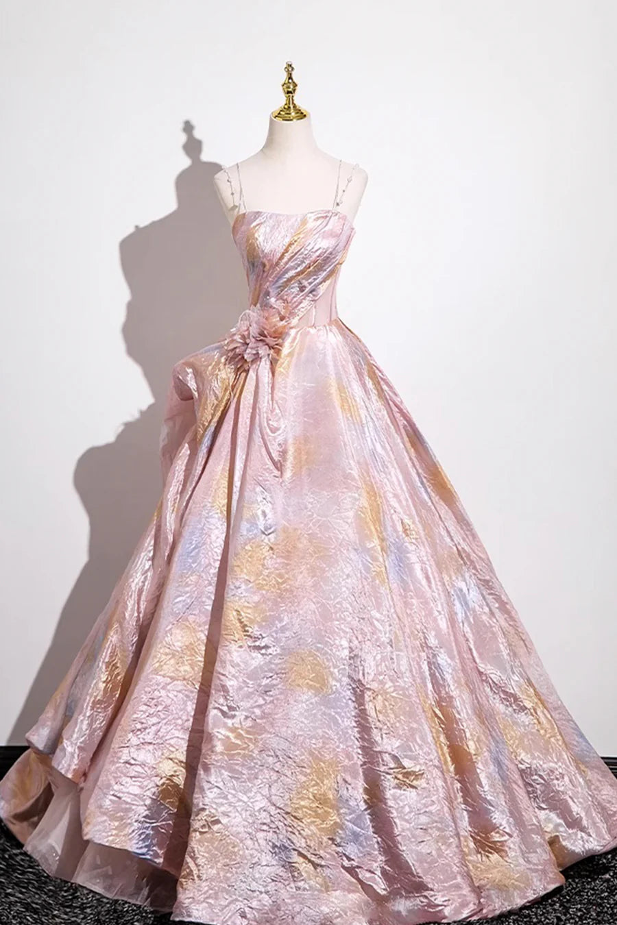 Blushing Pink Printed Pattern Spaghetti Straps A-Line Prom Dress Evening Dress