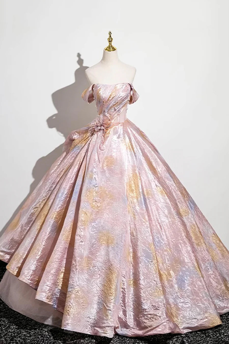 Blushing Pink Printed Pattern Spaghetti Straps A-Line Prom Dress Evening Dress