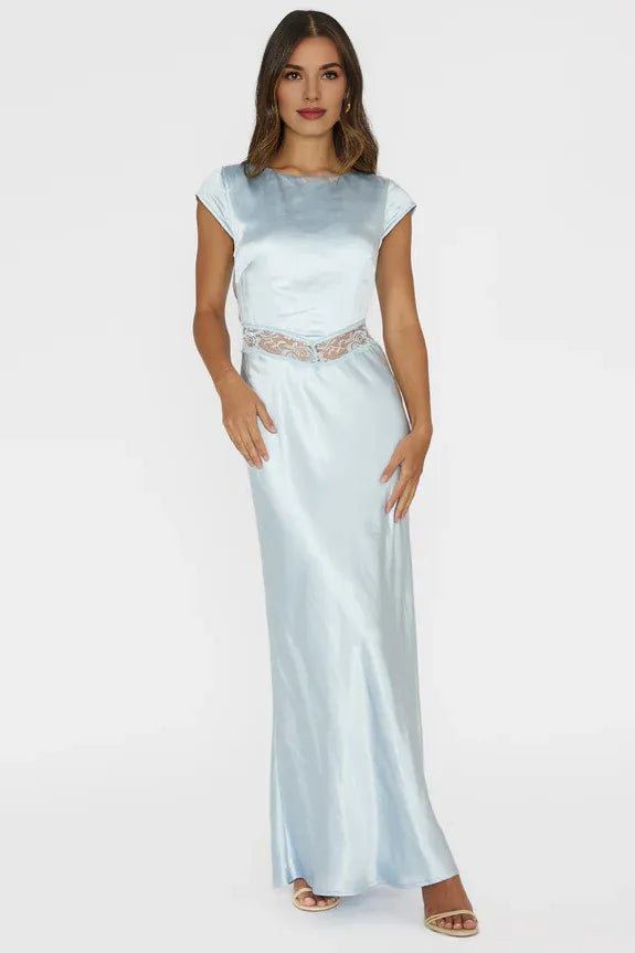 Boat Neck Cap Sleeves Lace Trim Tie Back Satin Baby Blue Evening Dress