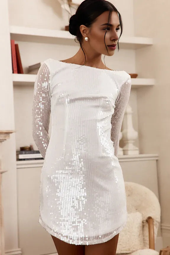 Boat Neck Long Sleeve Keyhole Back Sequin White Homecoming Dress Party Dress