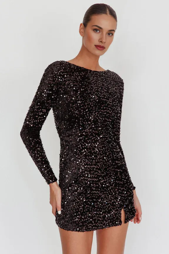 Boat Neck Long Sleeve Open Back Tie Sequin Blush Homecoming Dress