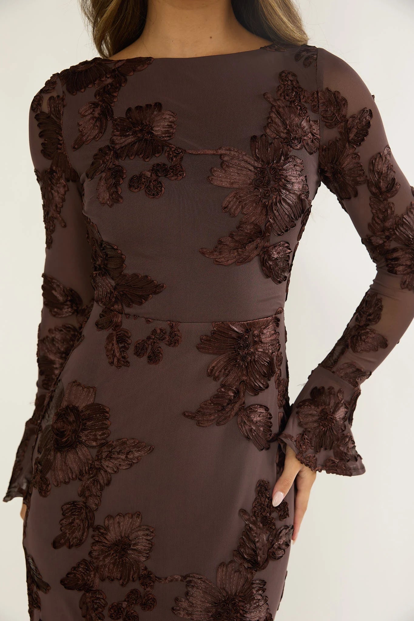 Boat Neck Long flared Sleeve Embellished Brown Maxi Evening Dress