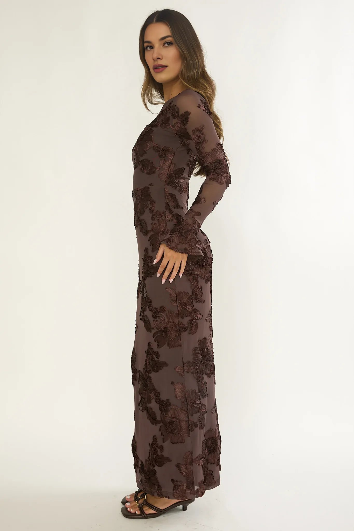 Boat Neck Long flared Sleeve Embellished Brown Maxi Evening Dress