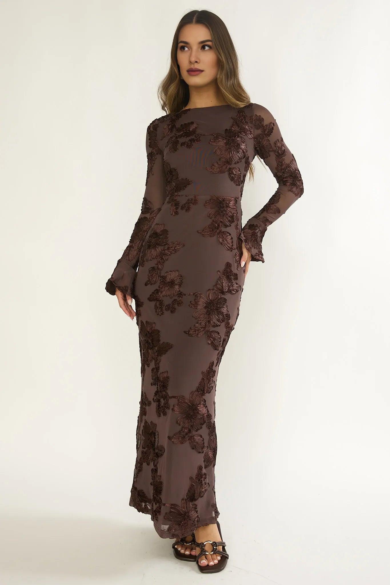 Boat Neck Long flared Sleeve Embellished Brown Maxi Evening Dress