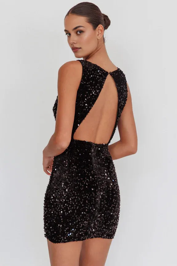 Boat Neck Open Back Sequin Black Mini Homecoming Dress With Slit