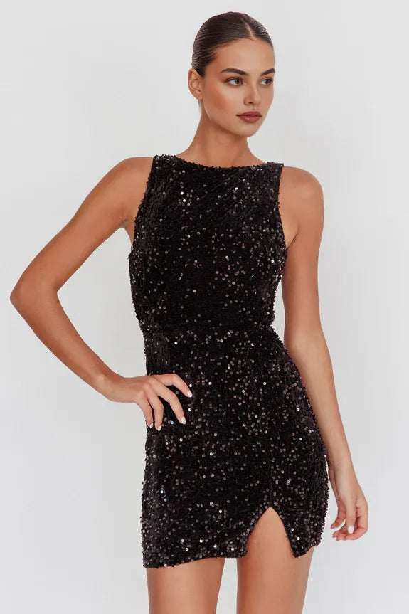 Boat Neck Open Back Sequin Black Mini Homecoming Dress With Slit