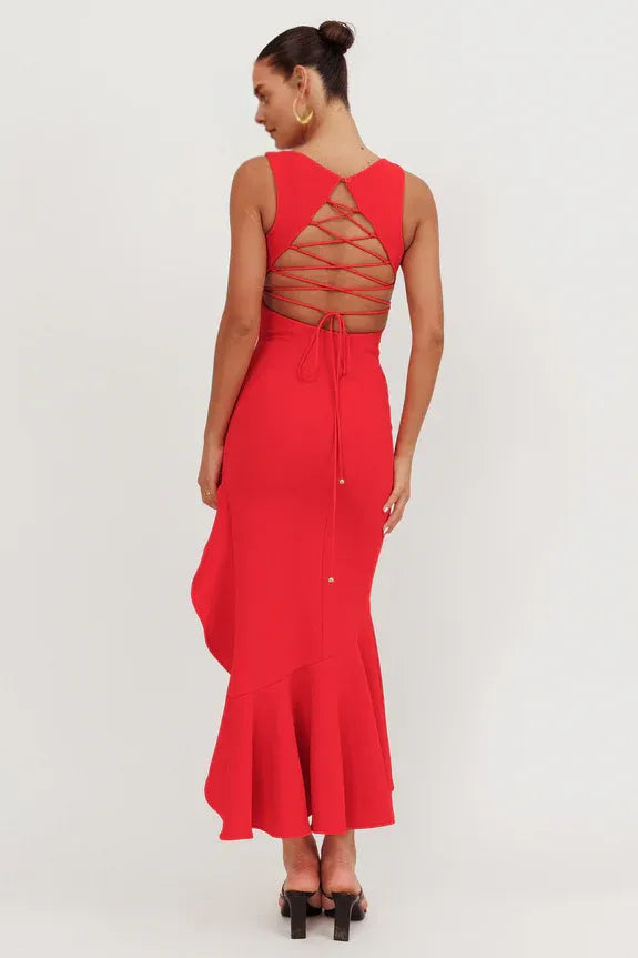 Boat Neck Ruffle Lace Up Asymmetric Hem Red Maxi Homecoming Dress Prom Dress