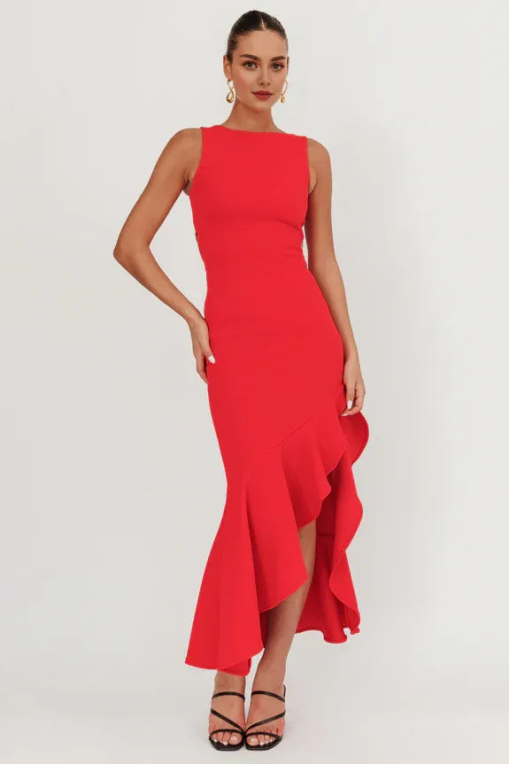 Boat Neck Ruffle Lace Up Asymmetric Hem Red Maxi Homecoming Dress Prom Dress