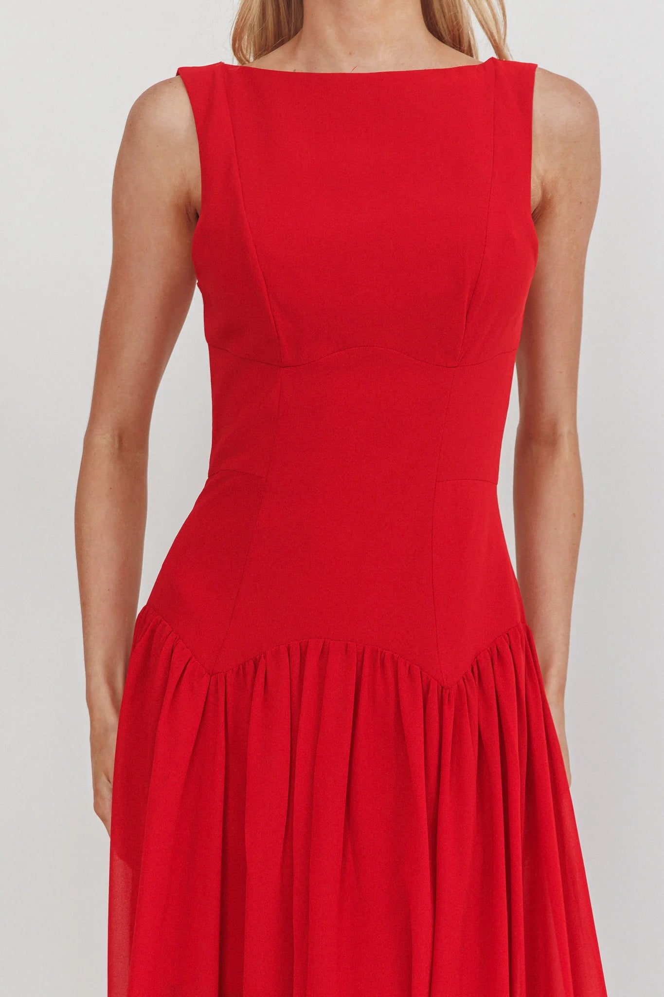 Boat Neck Sleeveless Low Back Red Maxi Evening Dress For Women