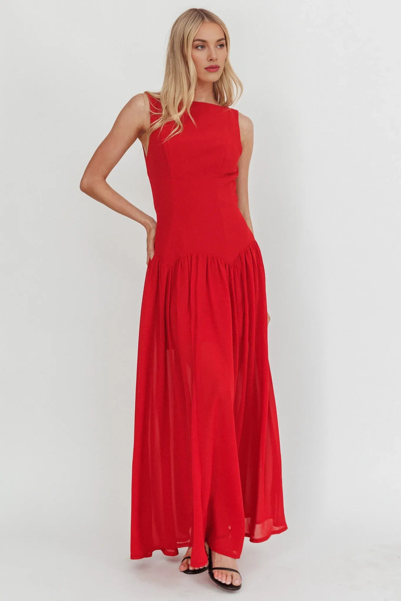 Boat Neck Sleeveless Low Back Red Maxi Evening Dress For Women