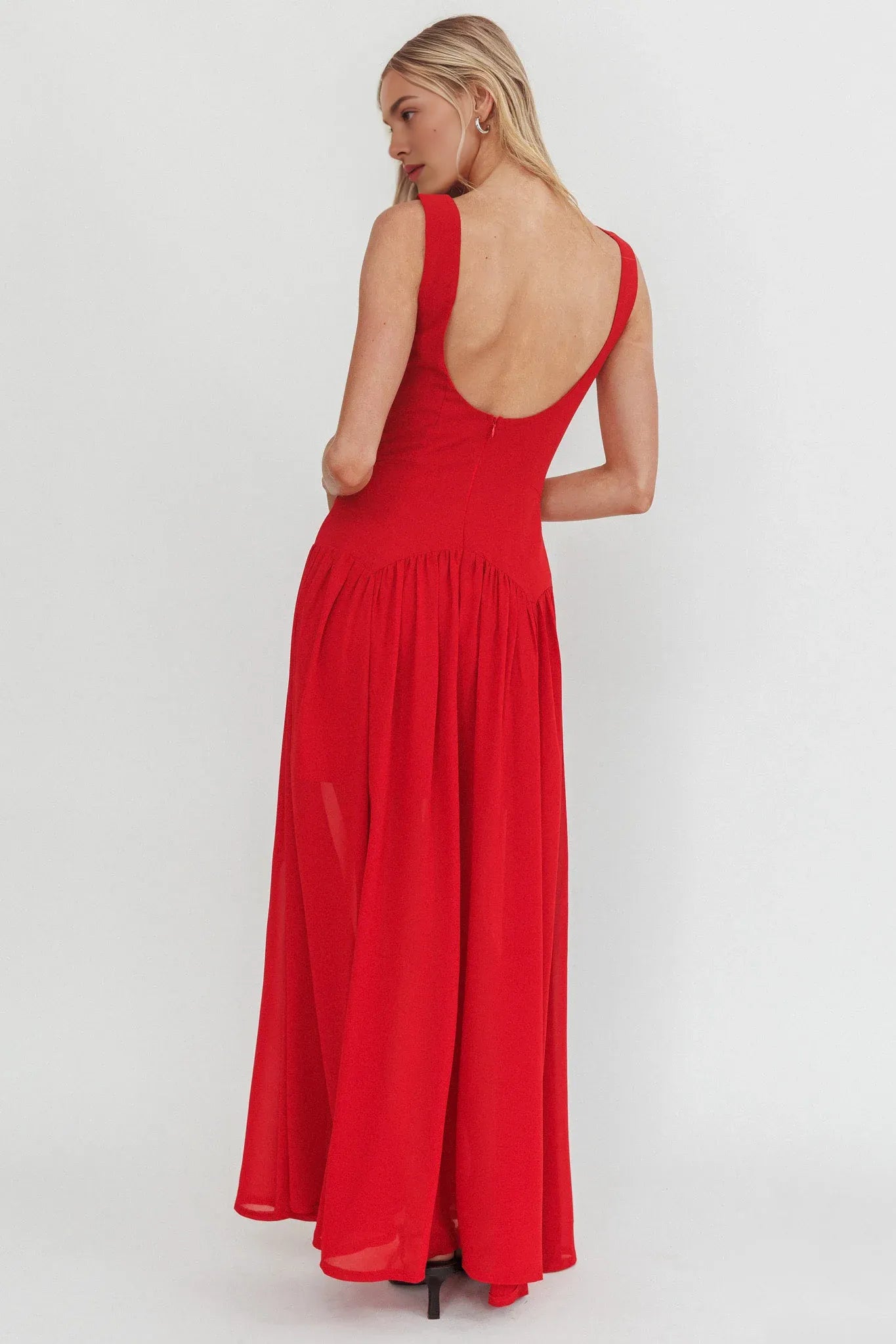 Boat Neck Sleeveless Low Back Red Maxi Evening Dress For Women