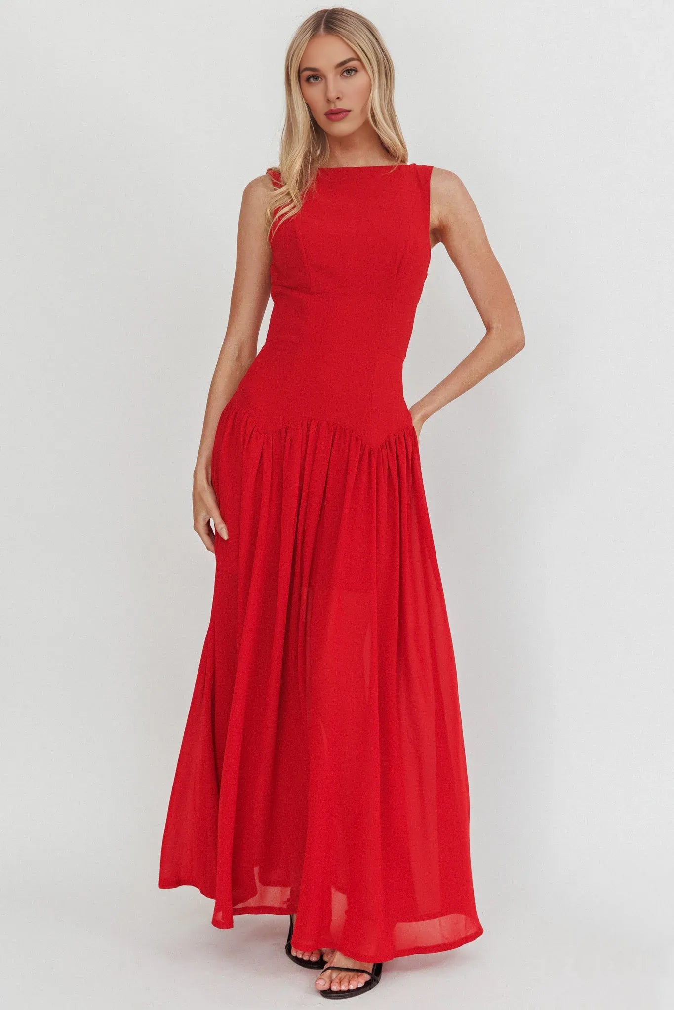 Boat Neck Sleeveless Low Back Red Maxi Evening Dress For Women