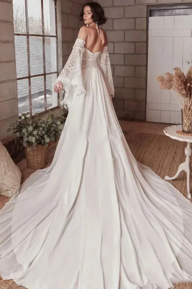Bohemian A-Line Off-Shoulder Bell-Sleeve Lace White Train Wedding Dress Custom