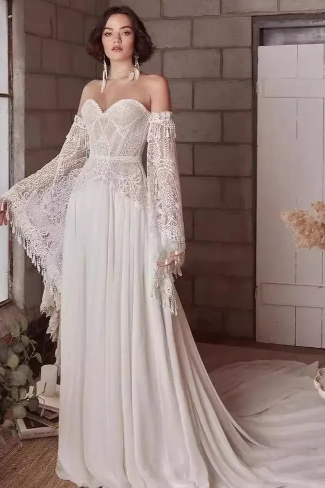 Bohemian A-Line Off-Shoulder Bell-Sleeve Lace White Train Wedding Dress Custom