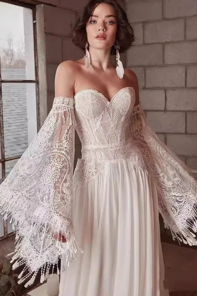 Bohemian A-Line Off-Shoulder Bell-Sleeve Lace White Train Wedding Dress Custom