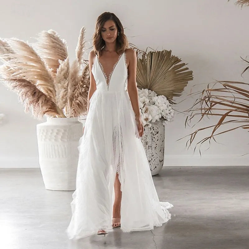 Bohemian A-Line Plunge V-Neck Sleeveless Lace White Maxi Prom Dress for Women Ready to Ship