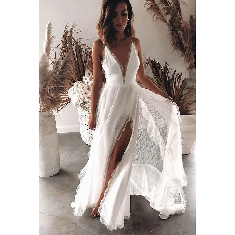 Bohemian A-Line Plunge V-Neck Sleeveless Lace White Maxi Prom Dress for Women Ready to Ship