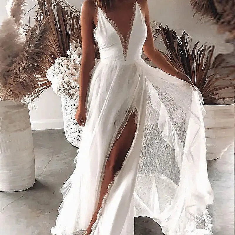 Bohemian A-Line Plunge V-Neck Sleeveless Lace White Maxi Prom Dress for Women Ready to Ship