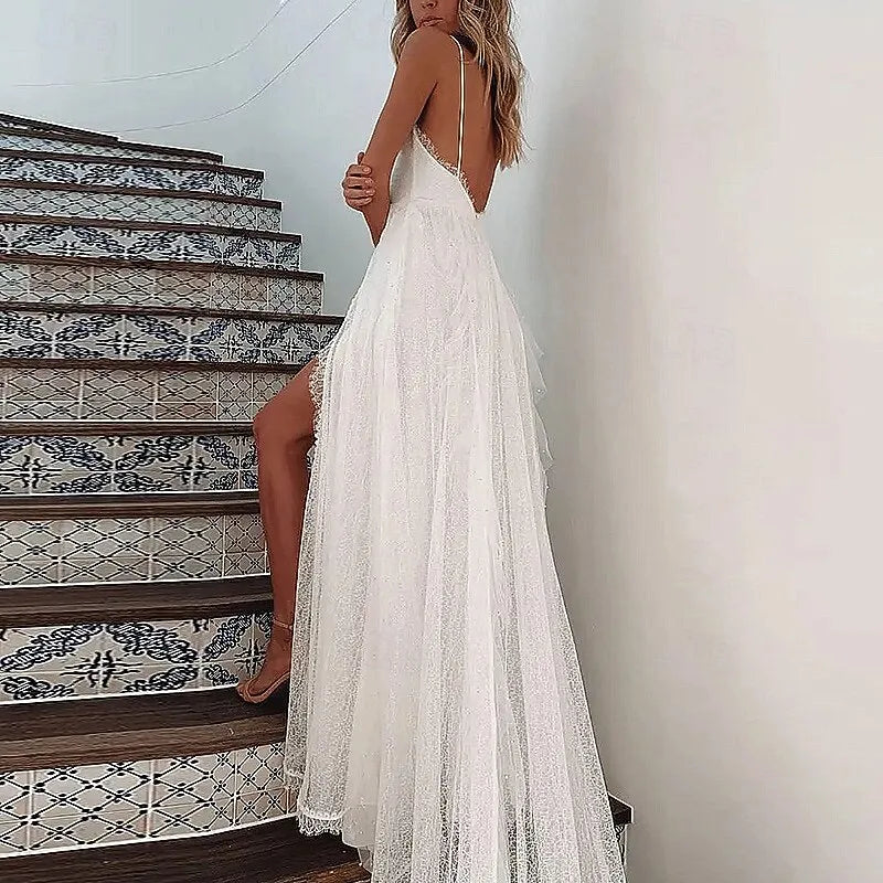 Bohemian A-Line Plunge V-Neck Sleeveless Lace White Maxi Prom Dress for Women Ready to Ship