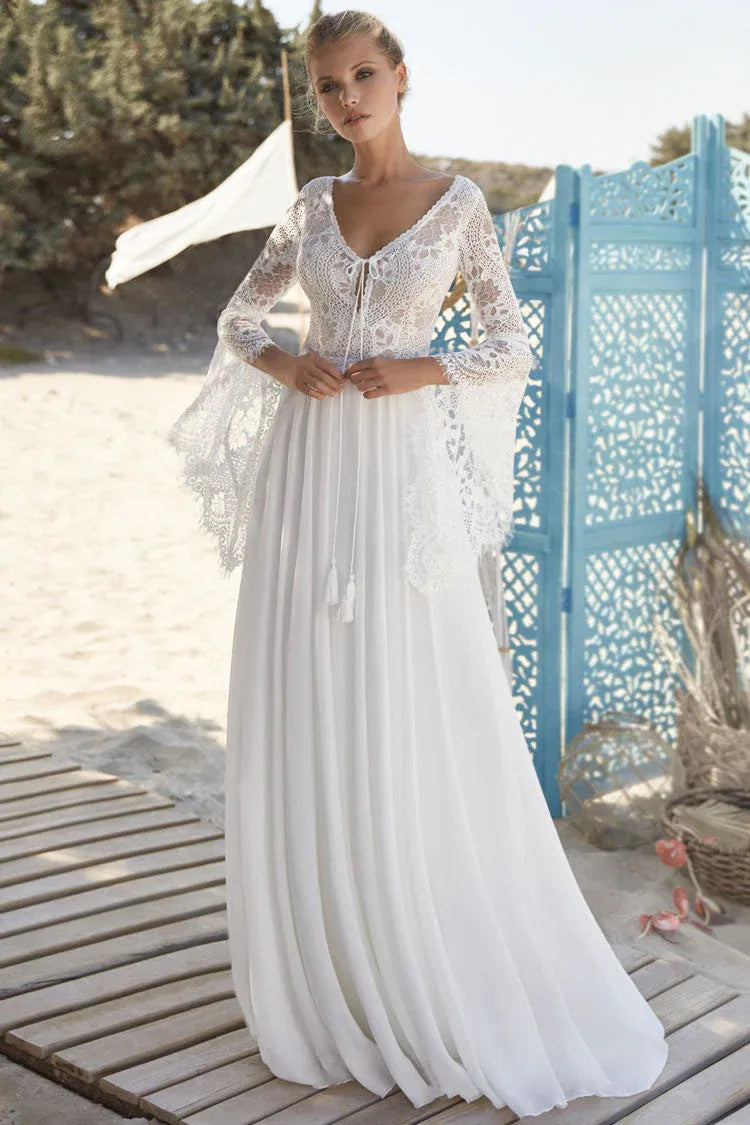 Bohemian A-Line V-Neck Bell Sleeve Lace White Train Beach Wedding Dress