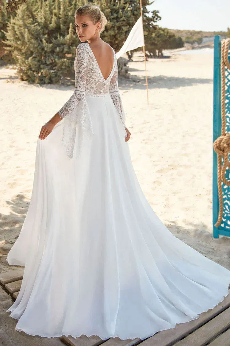 Bohemian A-Line V-Neck Bell Sleeve Lace White Train Beach Wedding Dress