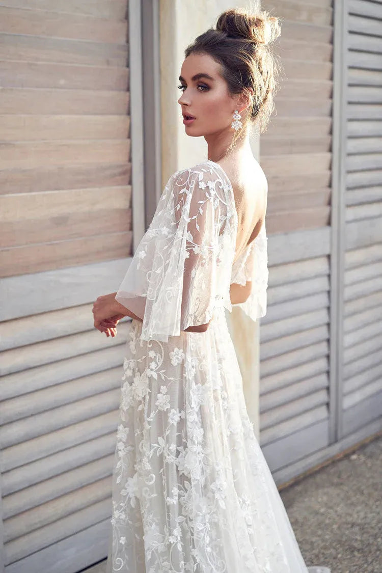 Bohemian A-Line V-Neck Flutter Sleeve Floral Lace White Train Wedding Dress