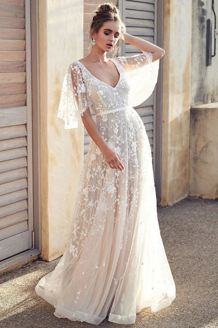 Bohemian A-Line V-Neck Flutter Sleeve Floral Lace White Train Wedding Dress