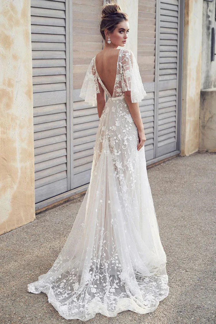 Bohemian A-Line V-Neck Flutter Sleeve Floral Lace White Train Wedding Dress